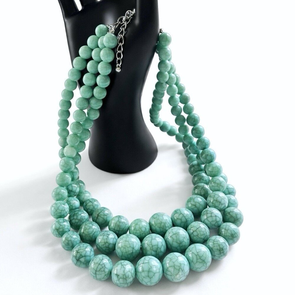 Bold Faux Turquoise Triple Strand Necklace Turquoise Green Statement 18-21”